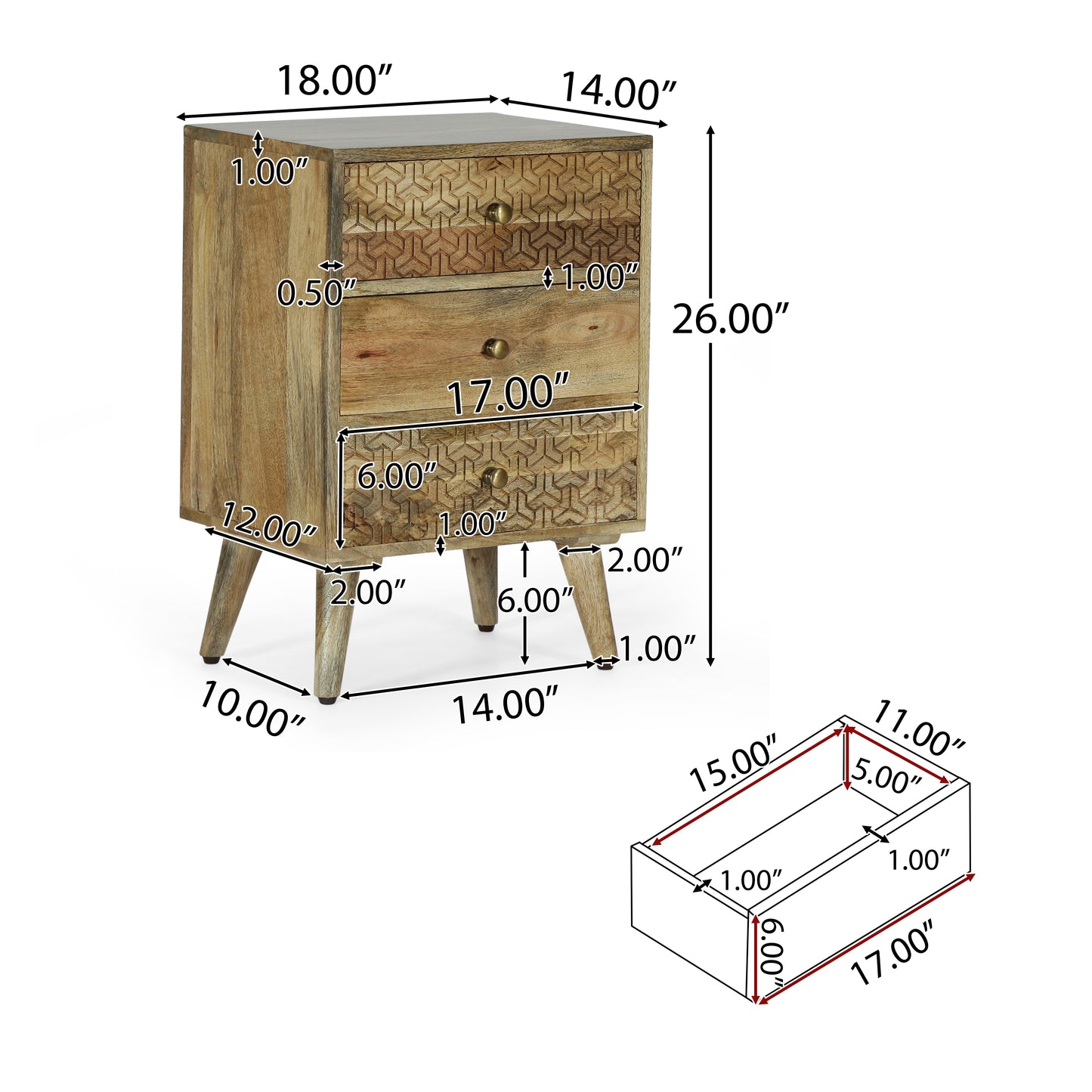 Stowe Boho Handcrafted Mango Wood 3 Drawer Nightstand, Natural