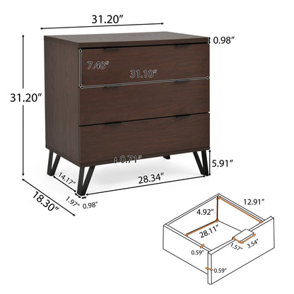 Demijen Modern Industrial 3 Drawer Wide Dresser, Walnut and Matte Black