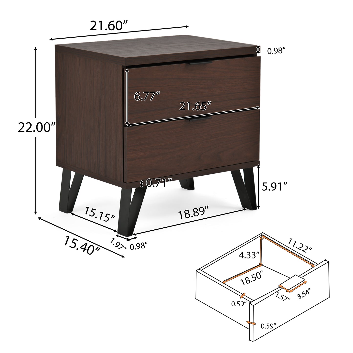 Demijen Modern Industrial 3 Piece Double Dresser and Nightstand Bedroom Set, Walnut and Matte Black
