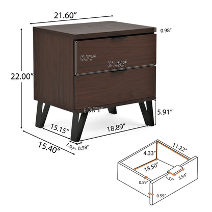 Demijen Modern Industrial 3 Piece Double Dresser and Nightstand Bedroom Set, Walnut and Matte Black