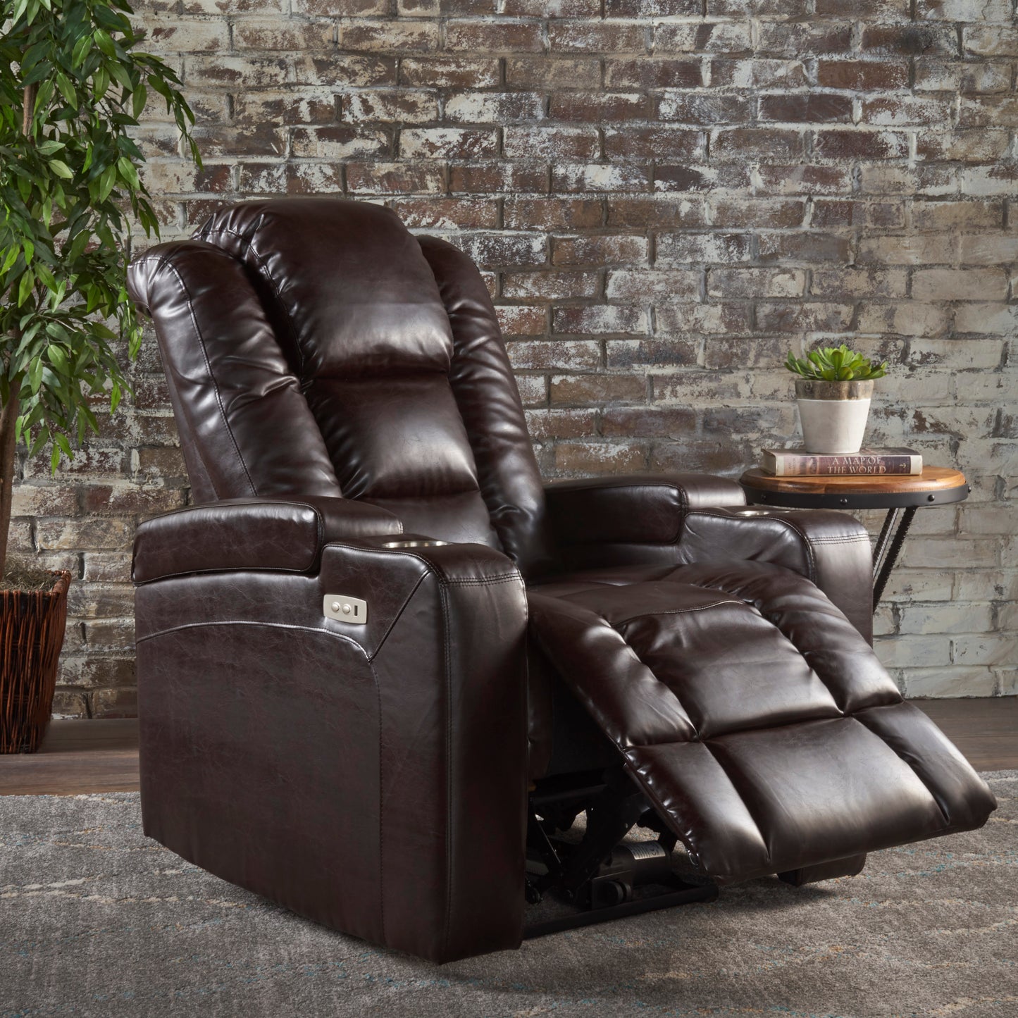 Everette Brown Leather Power Recliner With Storage, Cup Holder, and USB Charger