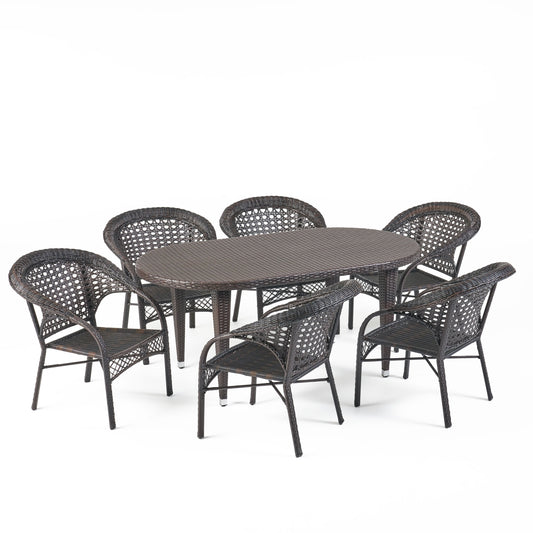 Matador Outdoor 7 Piece Multi-brown Wicker Oval Dining Set with Stacking Chairs