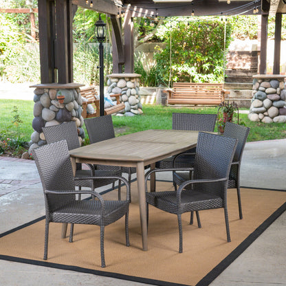 Livio Outdoor 7 Piece Wood and Wicker Dining Set, Gray and Gray