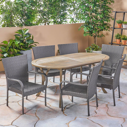 Ford Outdoor 7 Piece Wood and Wicker Dining Set, Gray Finish and Gray