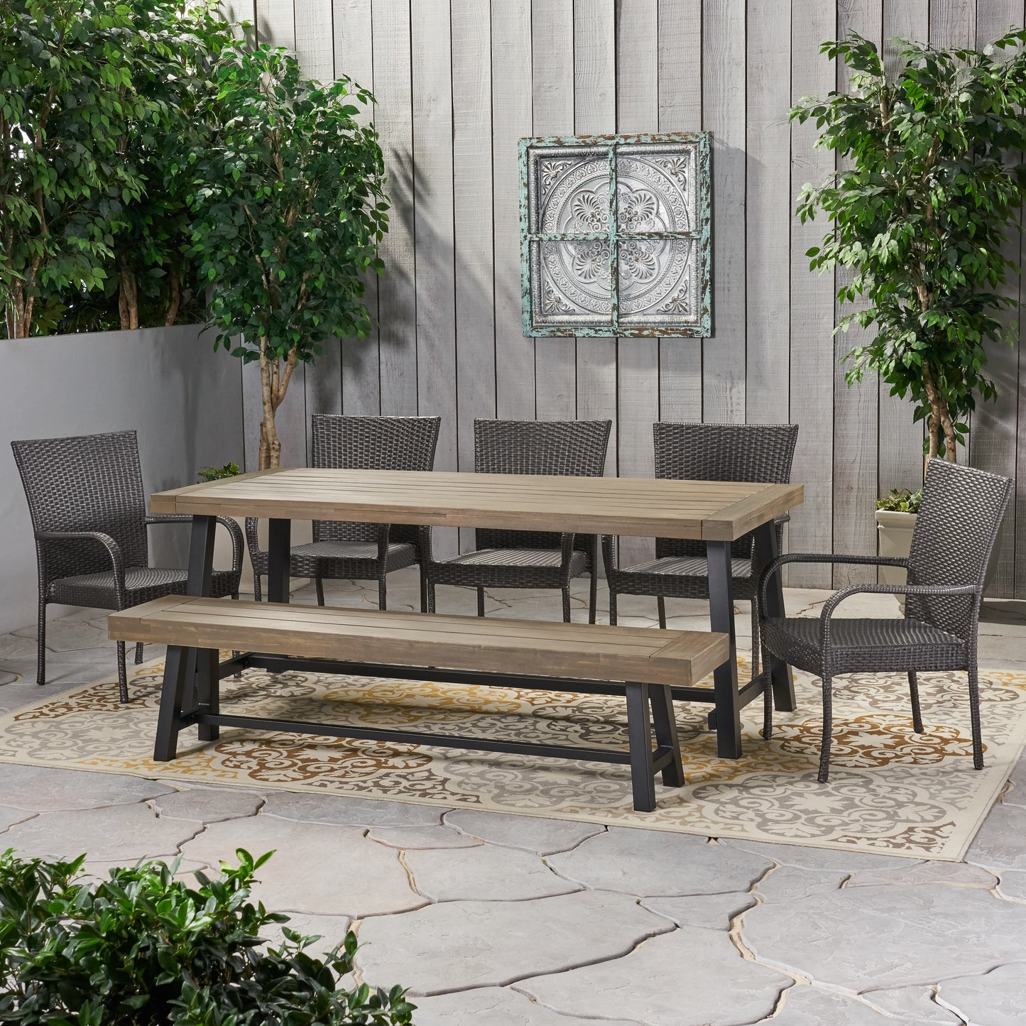Gryphon Outdoor Rustic Acacia Wood 8 Seater Dining Set with Dining Bench