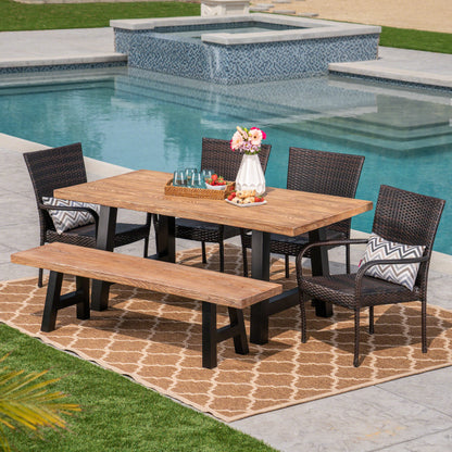 Allison Outdoor 6-Piece Stacking Wicker and Concrete Lightweight Dining Set with Natural Oak Finish in Multibrown