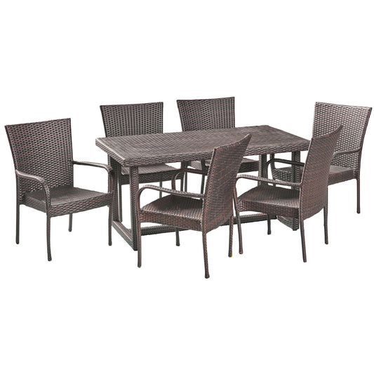 Cain Outdoor Transitional 7-Piece Multi-Brown Wicker Dining Set