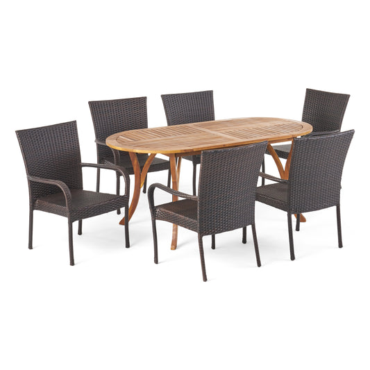 Fannie Outdoor 7 Piece Acacia Wood and Wicker Dining Set, Teak with Multi Brown Chairs