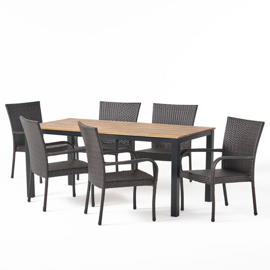 Una Outdoor 7 Piece Acacia Wood Dining Set with Stacking Wicker Chairs, Teak and Gray