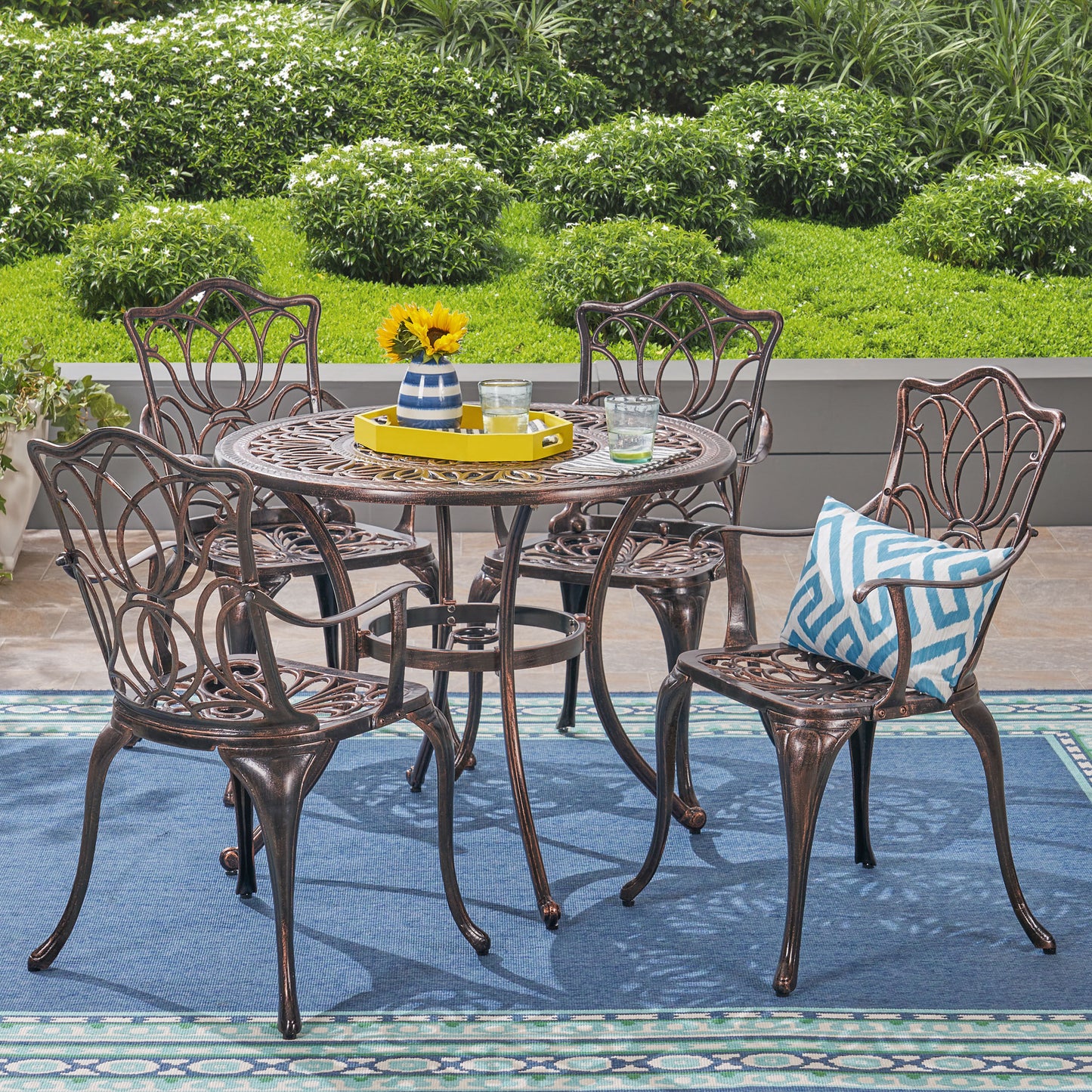 Barbara Outdoor 4-Seater Cast Aluminum Round-Table Dining Set, Shiny Copper
