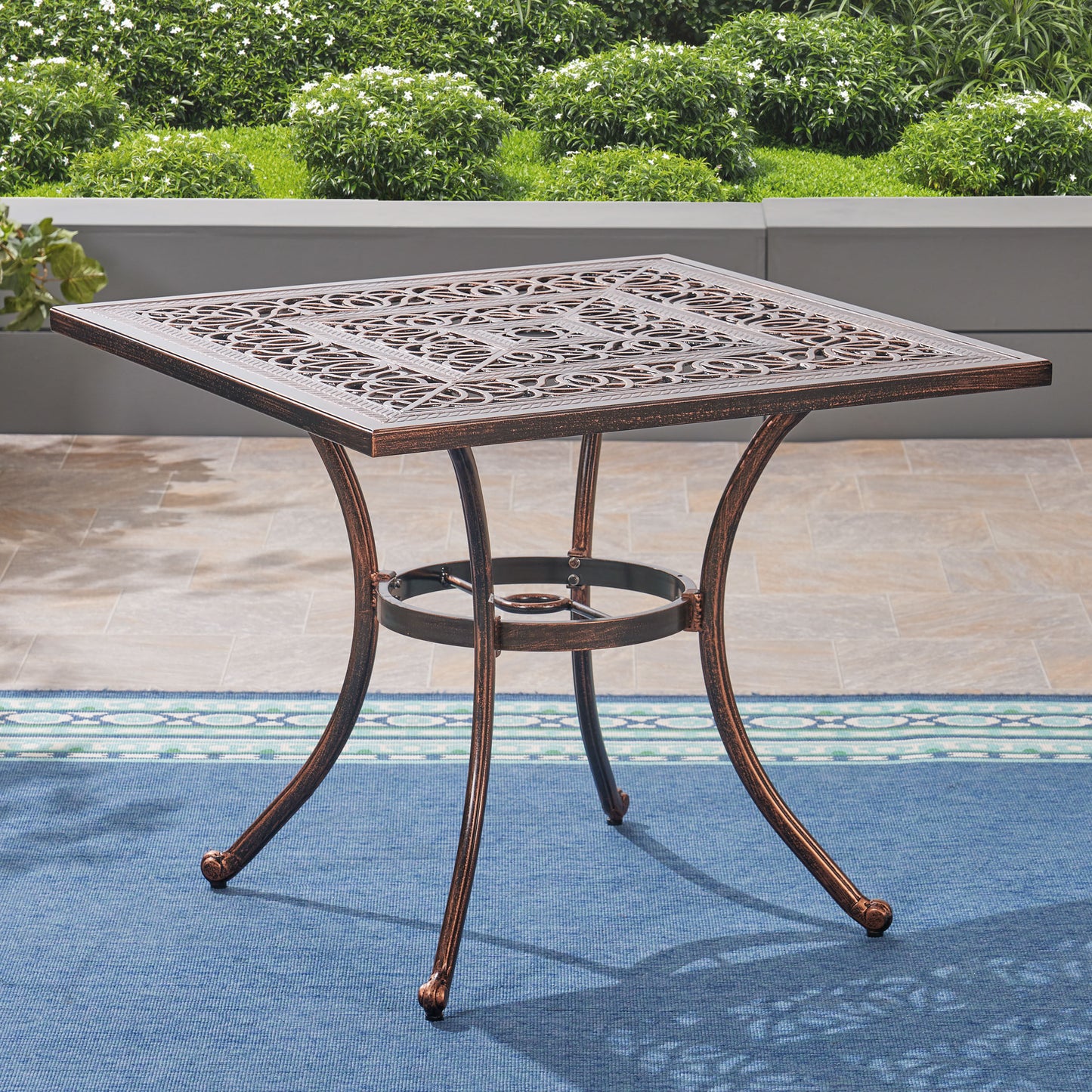 Barbara Outdoor 4-Seater Cast Aluminum Square-Table Dining Set, Shiny Copper
