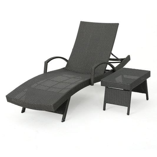 Solaris Outdoor Gray Wicker Armed Chaise Lounge with Wicker Accent Table