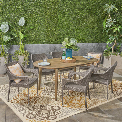 Fox Outdoor 7 Piece Acacia Wood Dining Set with Stacking Wicker Chairs