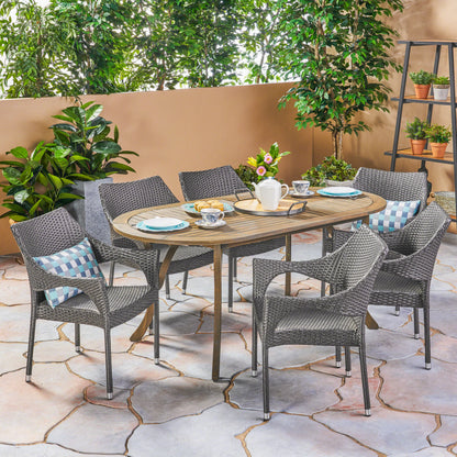 Harris Outdoor 7 Piece Wood and Wicker Dining Set, Gray Finish and Gray