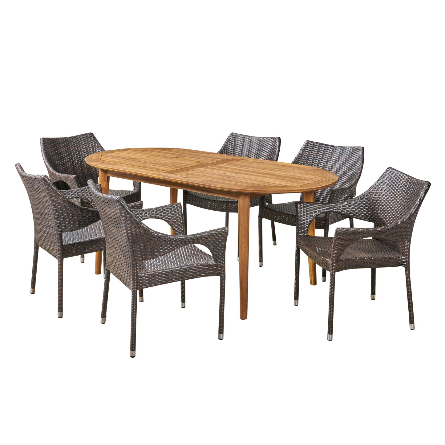 Fox Outdoor 7 Piece Acacia Wood Dining Set with Stacking Wicker Chairs