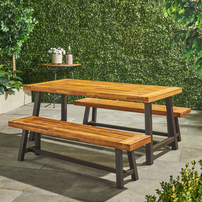 Bowman Outdoor Modern Industrial 3 Piece Acacia Wood Picnic Dining Set with Benches, Sandblasted Teak