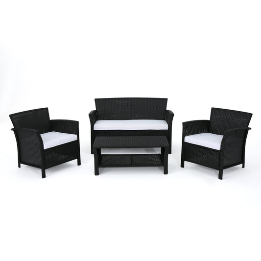 Shasta Outdoor 4 Piece Black Wicker Chat Set with White Water Resistant Cushions