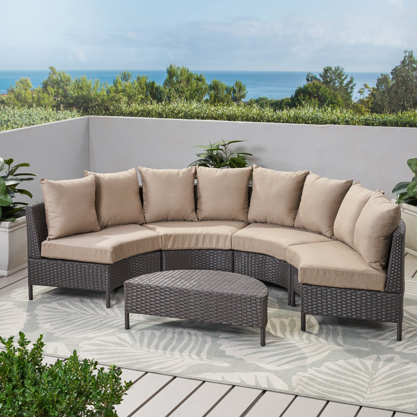 Falkland Outdoor 4 Seater Curved Wicker Sectional Sofa Set with Coffee Table