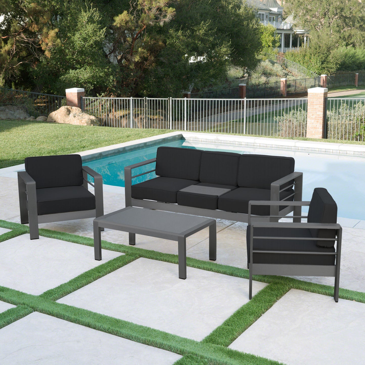 Crested Bay Outdoor Gray Aluminum 4 Piece Sofa Chat Set with Cushions