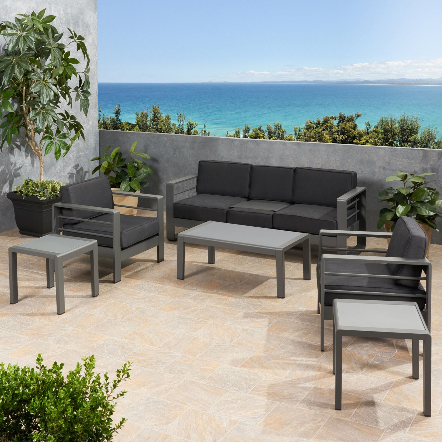 Cherie Outdoor 5 Seater Aluminum Sofa Chat Set with 2 Side Tables