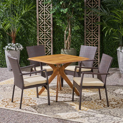 Holmes Outdoor 5 Piece Wood and Wicker Dining Set