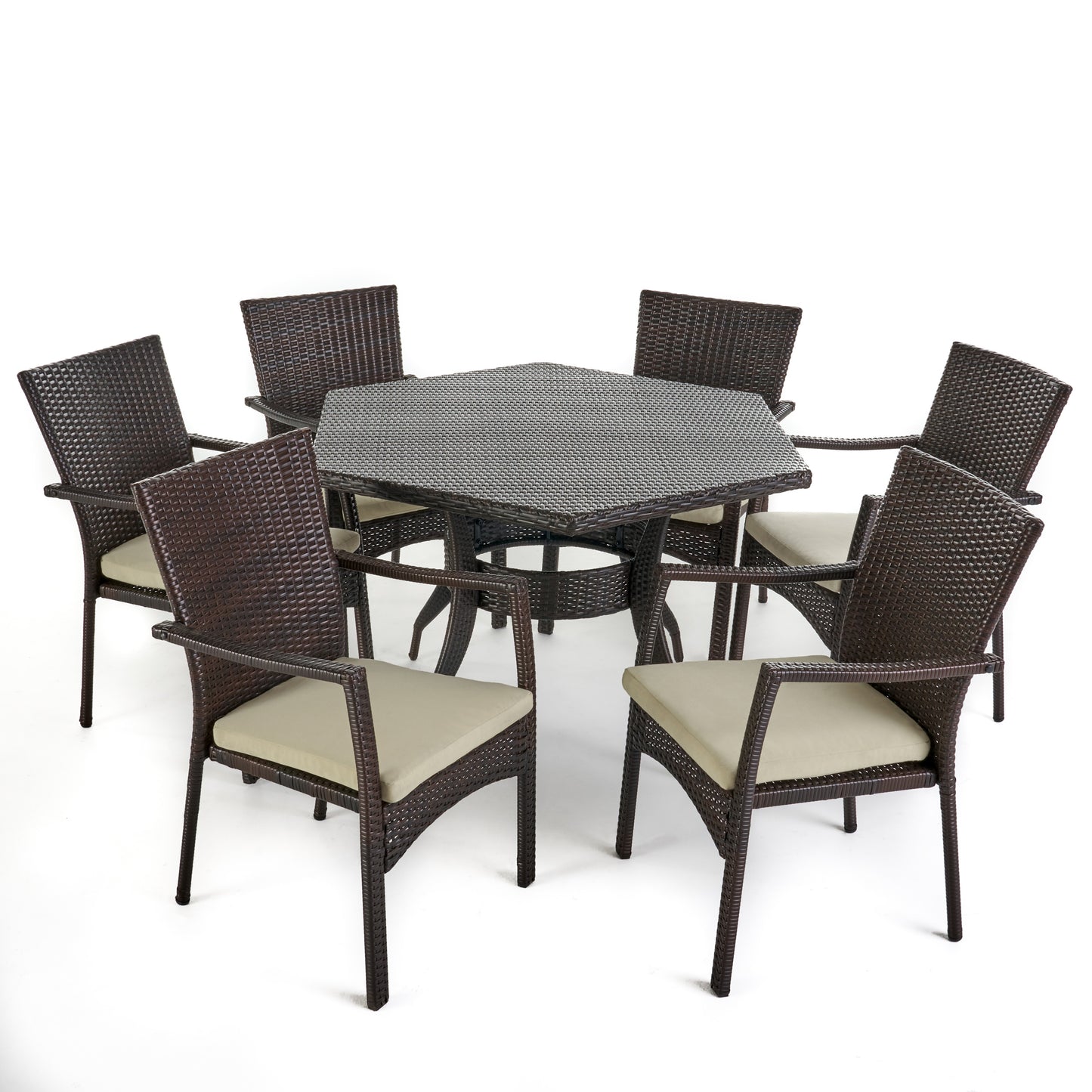 Bartley Outdoor 7 Piece Wicker Hexagon Dining Set with Brown Wicker Chairs