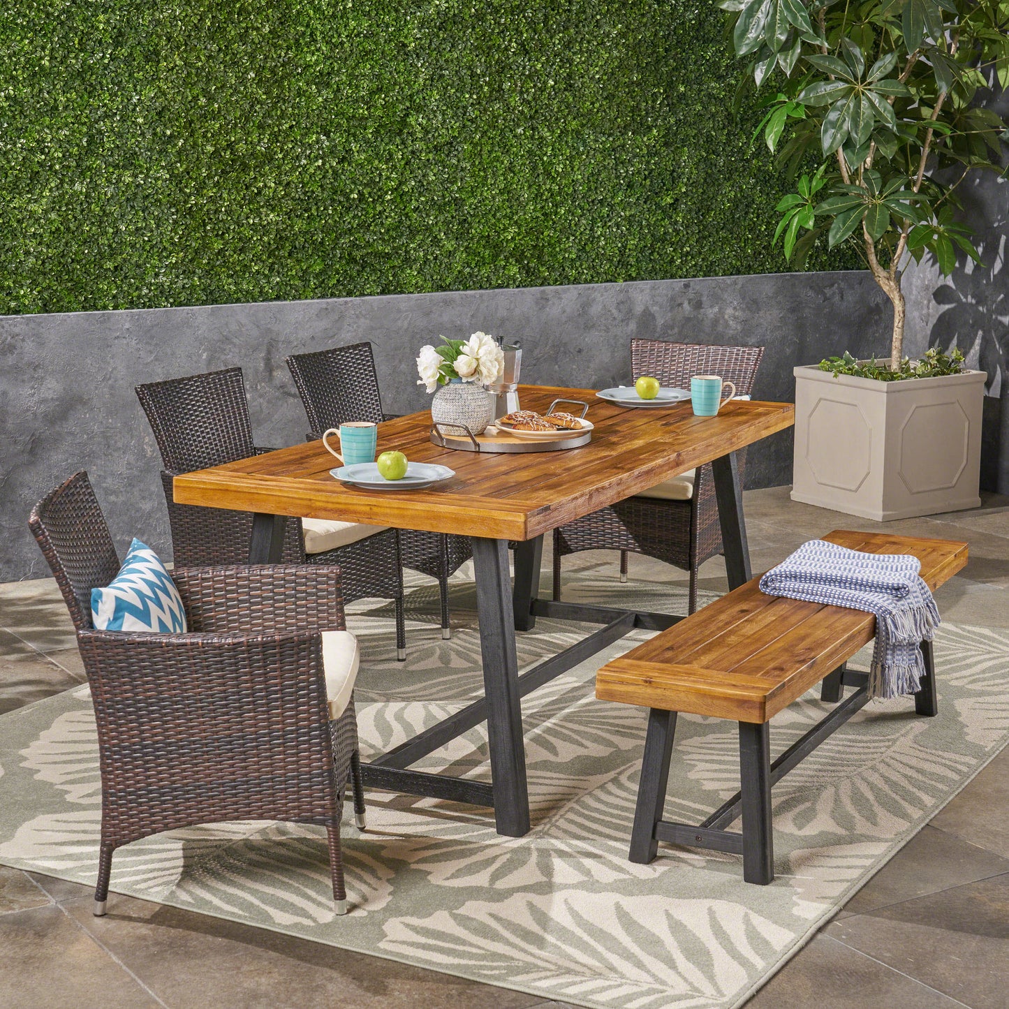 Jack Outdoor 6 Piece Dining Set with Stacking Wicker Chairs and Bench, Sandblast Teak and Black and Multi Brown