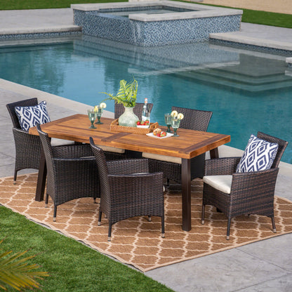 Randy Outdoor 7 Piece Acacia Wood/ Wicker Dining Set with Cushions, Teak Finish and Multibrown with Beige