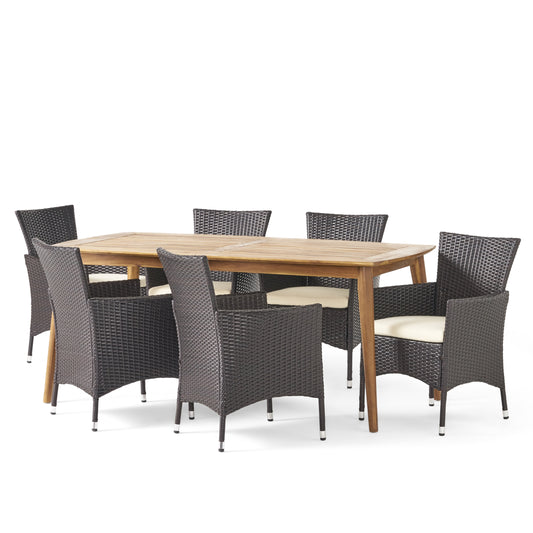 Matthew Outdoor 7 Piece Multibrown Wicker Dining Set with Teak Finish Rectangular Acacia Wood Dining Table and Beige Water Resistant Cushions