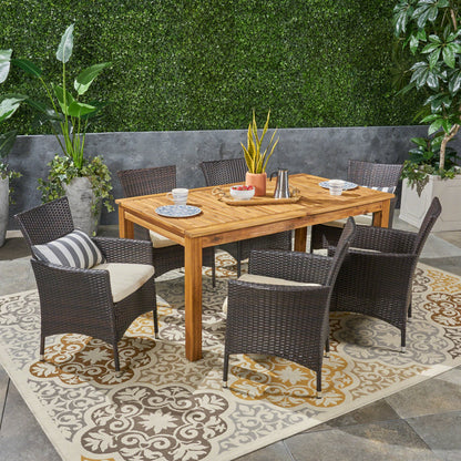 Saluda Outdoor Wood and Wicker Expandable Dining Set