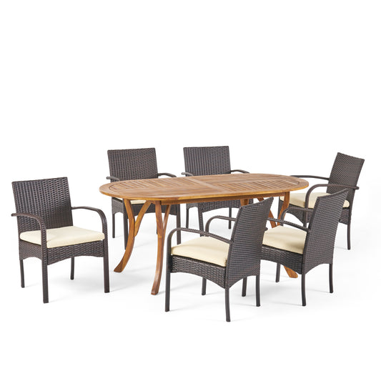 Epps Outdoor 7 Piece Acacia Wood and Wicker Dining Set, Teak with Multi Brown Chairs