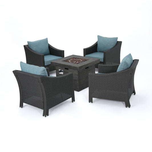 Aspen Outdoor 5 Piece Wicker Water Resistant Cushion Chat Set with Fire Pit