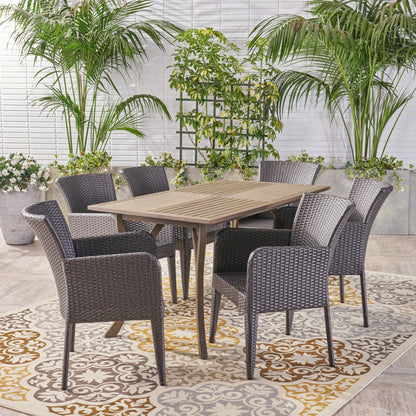 Freeman Outdoor 7 Piece Wood and Wicker Dining Set, Gray with Gray Chairs