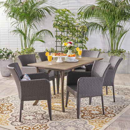Freeman Outdoor 7 Piece Wood and Wicker Dining Set, Gray with Gray Chairs