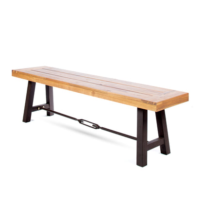Cana Outdoor Teak Finished Acacia Wood Bench with Rustic Metal Accents