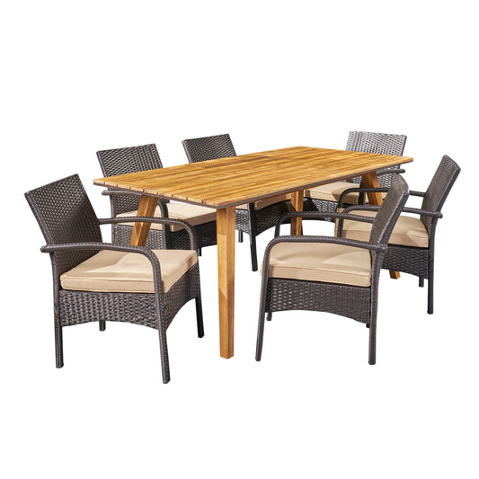 Elizabeth Outdoor 7 Piece Acacia Wood Dining Set with Wicker Chairs, Teak and Brown and Tan