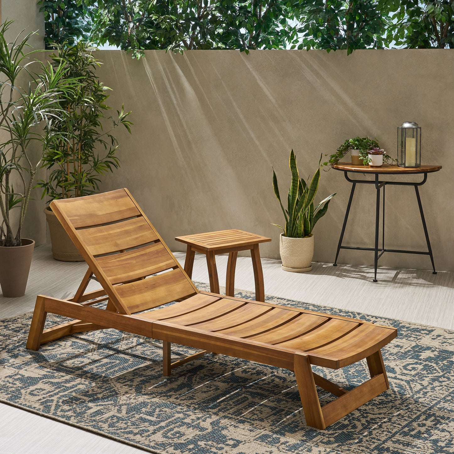 Emileigh Outdoor Acacia Wood Chaise 2 Piece Lounge