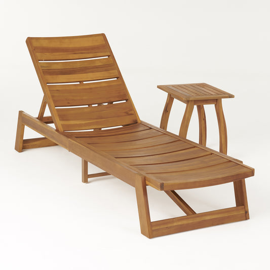 Emileigh Outdoor Acacia Wood Chaise 2 Piece Lounge