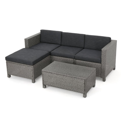 Lorita Outdoor 5-piece Dark Gray Wicker Sectional Sofa Set with Black Cushions