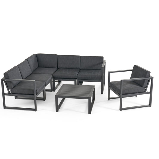 Dolan Outdoor Aluminum 6 Seater Sofa Set, Black and Dark Gray