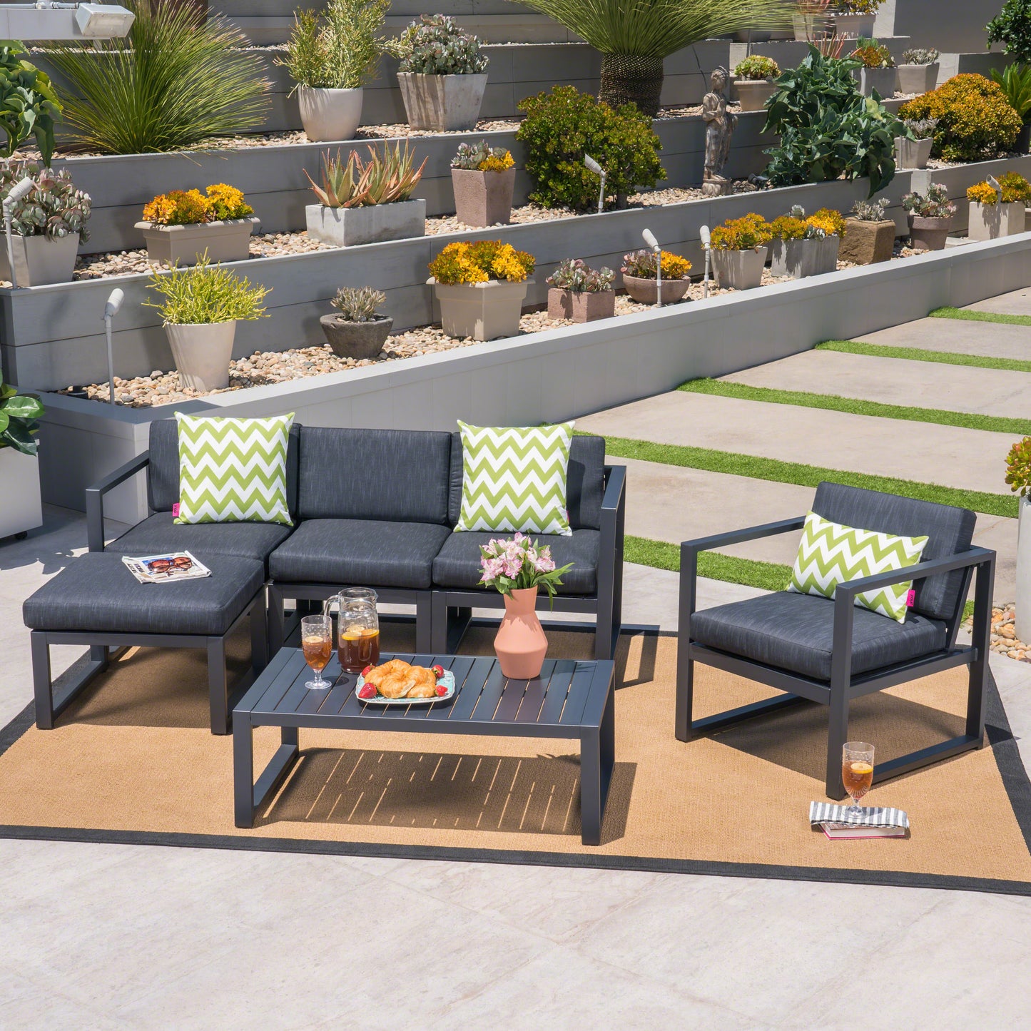 Wos Outdoor 4-Seater Aluminum Sofa Set with Ottoman and Coffee Table, Black and Dark Gray