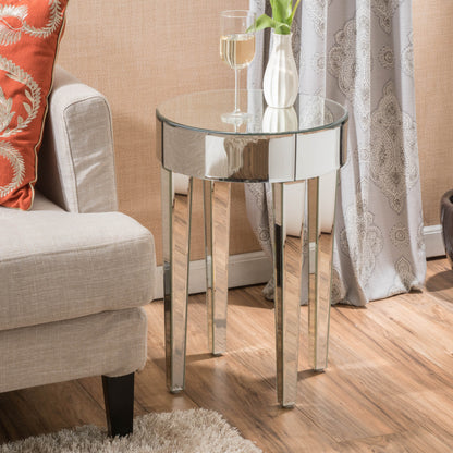 Alvo Modern Glam Round Mirrored Side Table with Tapered Legs