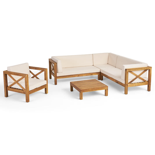 Morgan Outdoor 6 Seater Acacia Wood Sectional Sofa and Club Chair Set