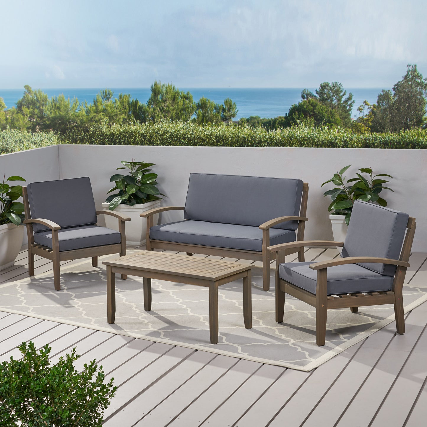 Keanu Outdoor 4-Piece Acacia Wood Chat Set