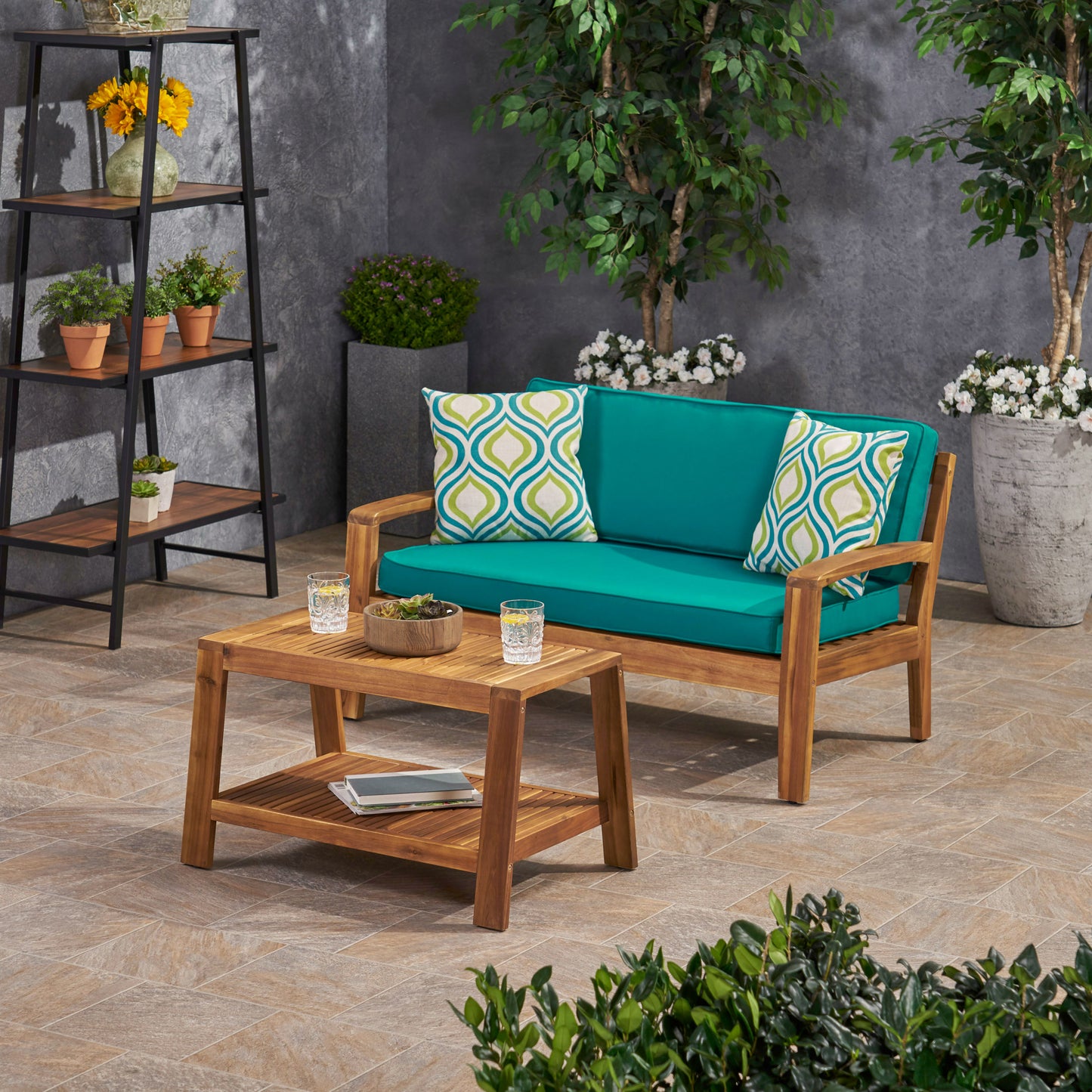 Parma Outdoor Acacia Wood Loveseat and Coffee Table Set with Sunbrella Cushions