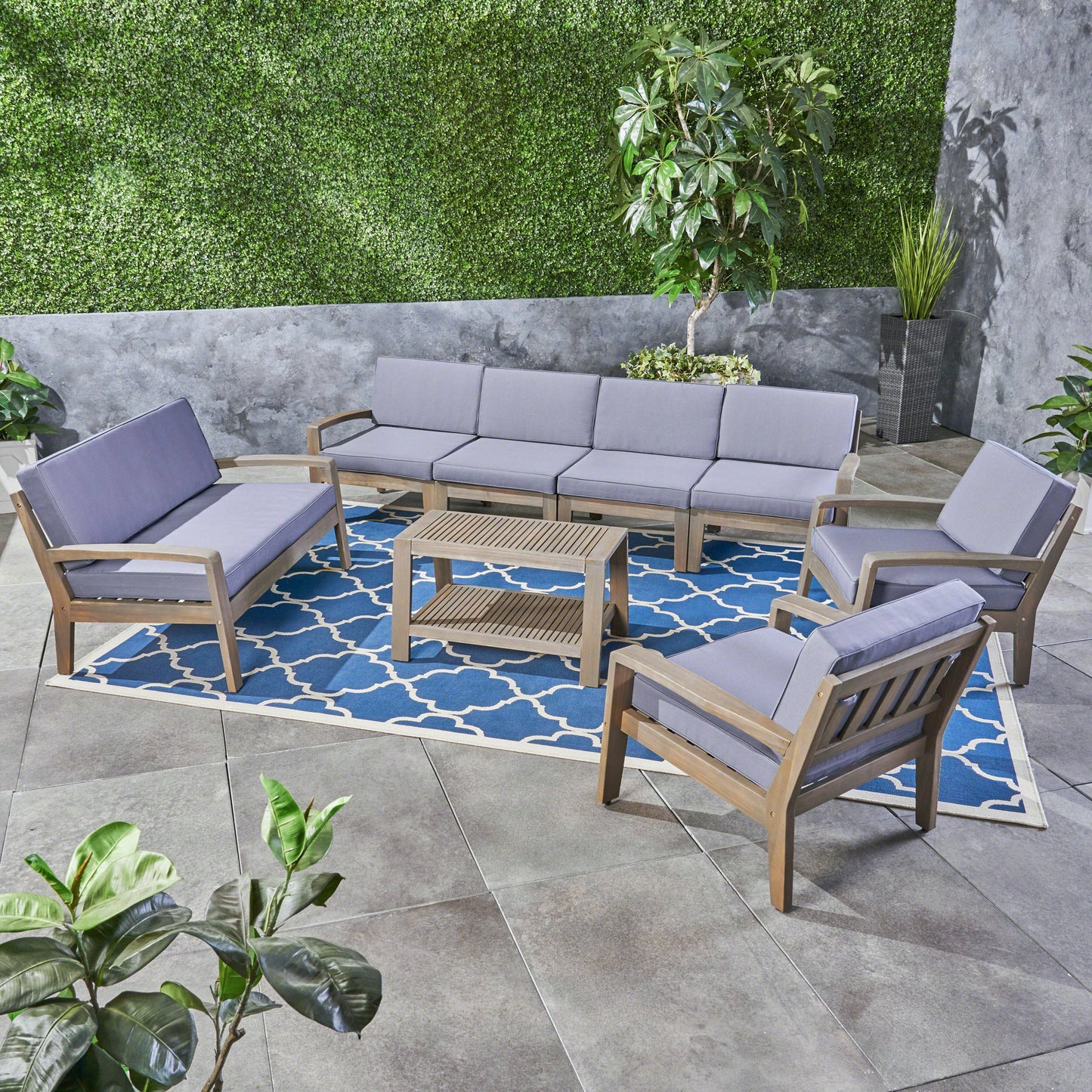 Giselle Outdoor Acacia Wood 8 Seater Sectional Chat Set with Coffee Table