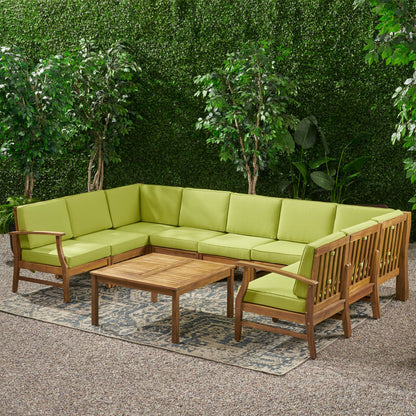 Judith Outdoor 9 Seater Acacia Wood Sectional Sofa Set with Cushions