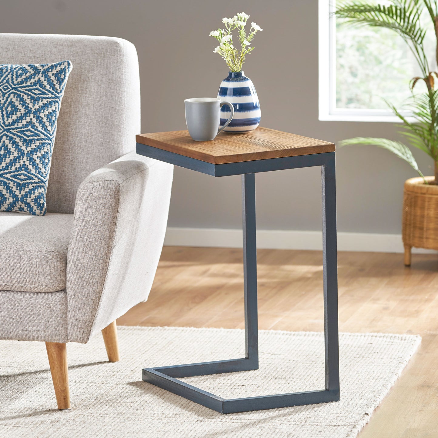 Ramona Modern Industrial Firwood C-Shaped Accent Side Table with Iron Frame