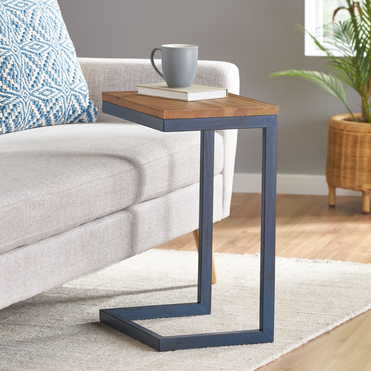 Ramona Modern Industrial Firwood C-Shaped Accent Side Table with Iron Frame