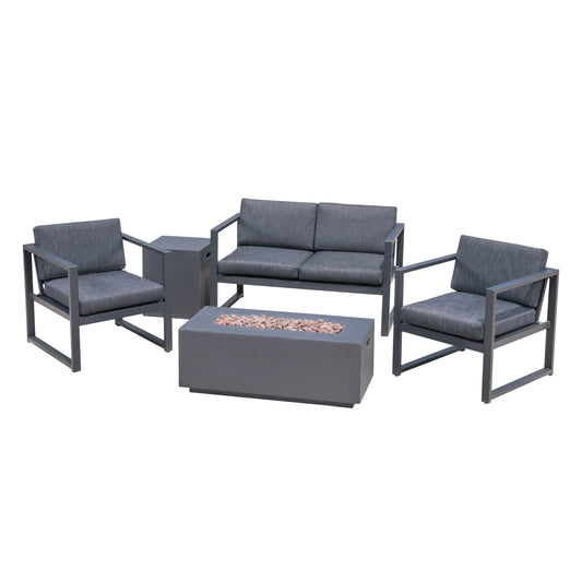 Jude Outdoor Aluminum 4 Seater Chat Set with Fire Pit